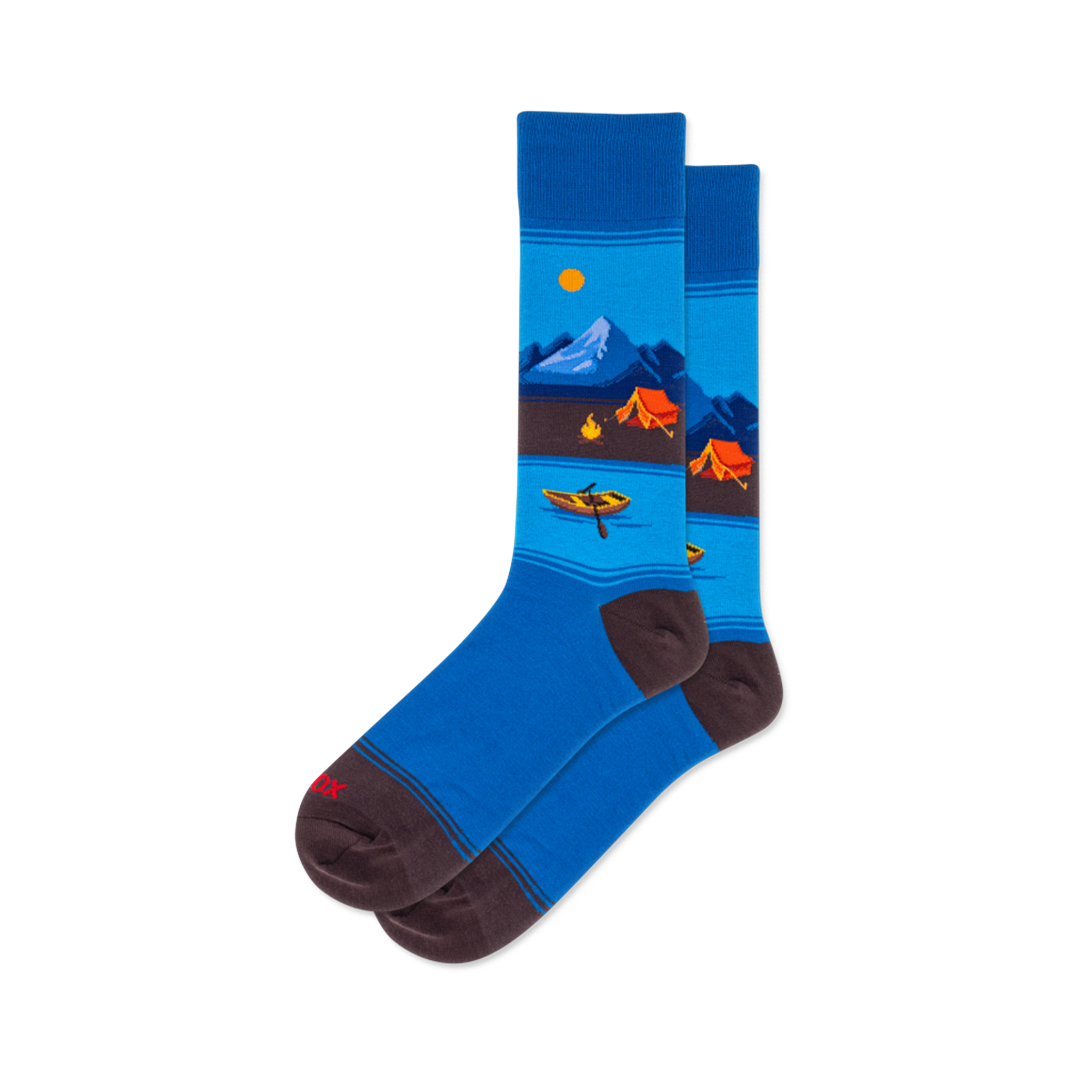 Pair of crew socks with a scenic blue mountain lake, orange tents, canoe, and sun pattern. Dark brown cuffs, heels, and toes.