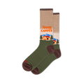 Crew socks with a tan upper, olive green lower, and brown accents. Design features "Happy Camper" text, orange camper, blue mountains, and green trees.