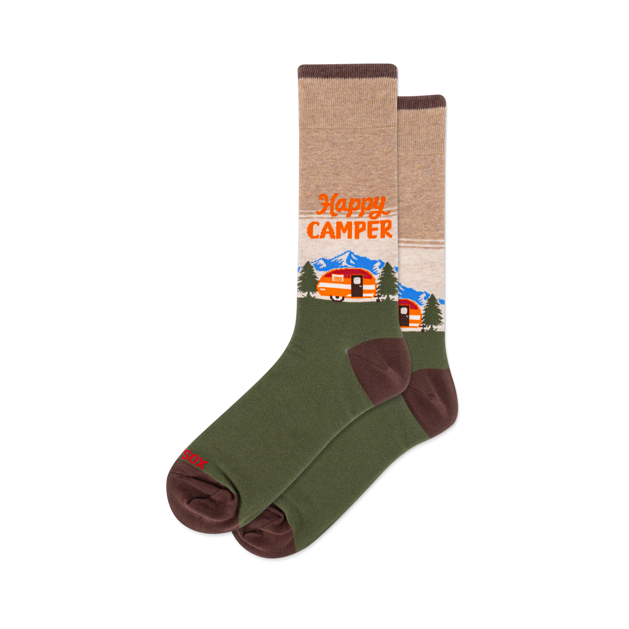 Crew socks with a tan upper, olive green lower, and brown accents. Design features "Happy Camper" text, orange camper, blue mountains, and green trees.