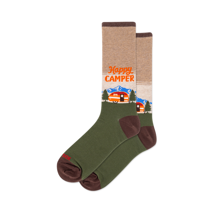 Crew socks with a tan upper, olive green lower, and brown accents. Design features 