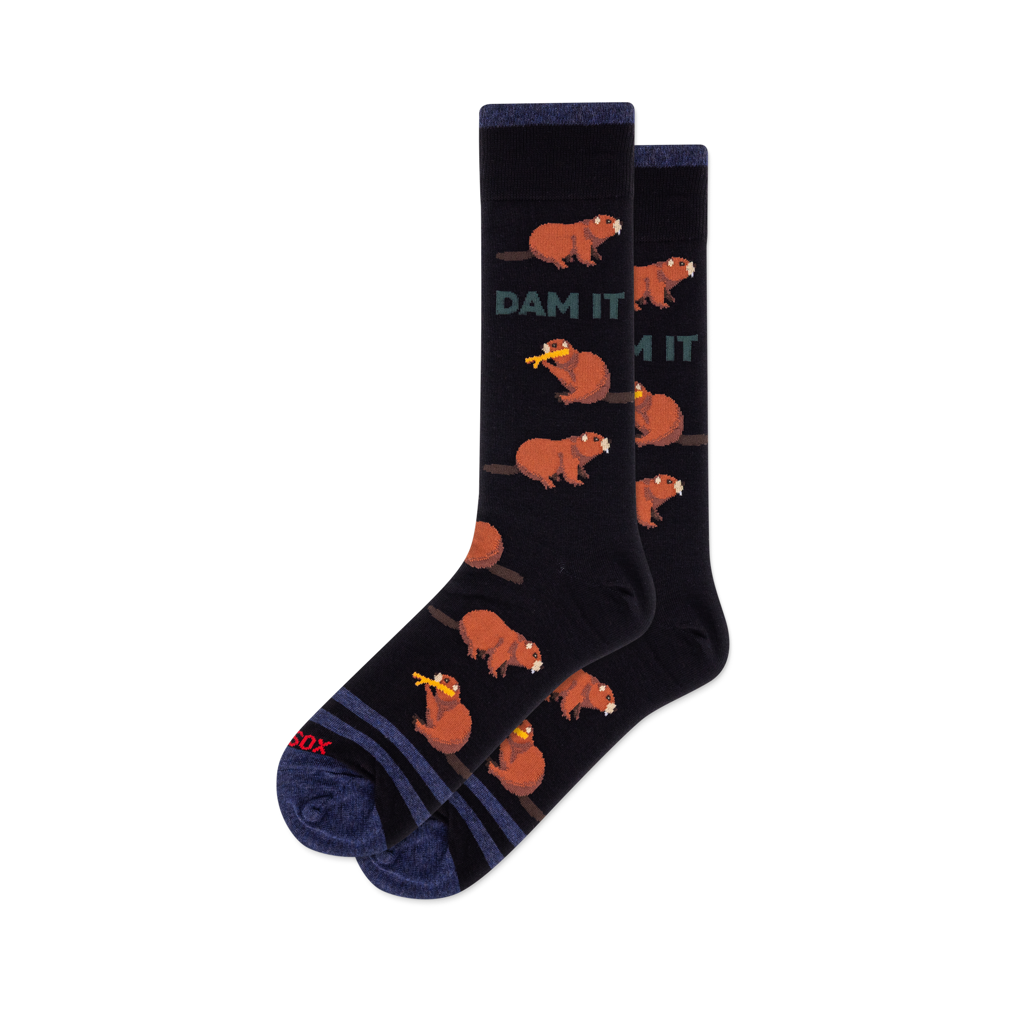 Pair of black crew socks with brown cartoon beavers, some holding yellow logs, and green "DAM IT" text.
