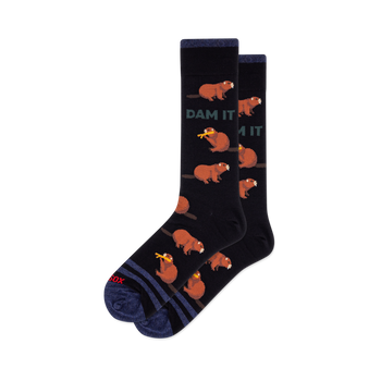 Pair of black crew socks with brown cartoon beavers, some holding yellow logs, and green "DAM IT" text.