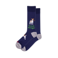 Pair of navy crew socks. One sock features a white and brown dog holding a stick with "branch manager" text in green. Grey heel and toe.