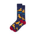 A pair of navy crew socks with a repeating pattern of golden retrievers and green martini glasses. Reddish-brown toes and heels. "Hard Licker" text.