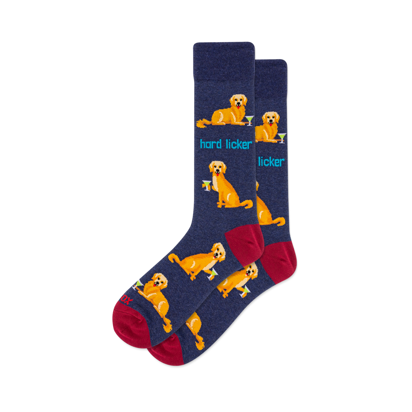 A pair of navy crew socks with a repeating pattern of golden retrievers and green martini glasses. Reddish-brown toes and heels. "Hard Licker" text.