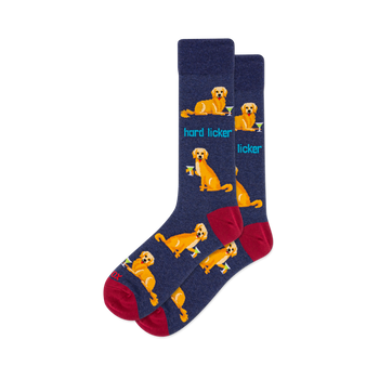 A pair of navy crew socks with a repeating pattern of golden retrievers and green martini glasses. Reddish-brown toes and heels. "Hard Licker" text.