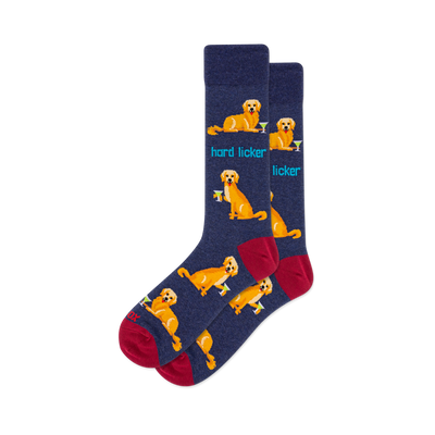 A pair of navy crew socks with a repeating pattern of golden retrievers and green martini glasses. Reddish-brown toes and heels. "Hard Licker" text.
