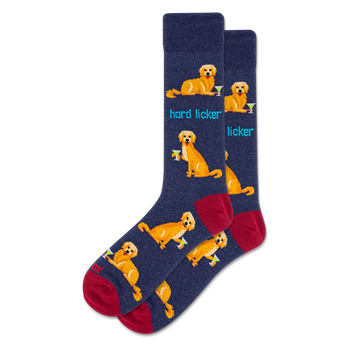 A pair of navy crew socks with a repeating pattern of golden retrievers and green martini glasses. Reddish-brown toes and heels. "Hard Licker" text.