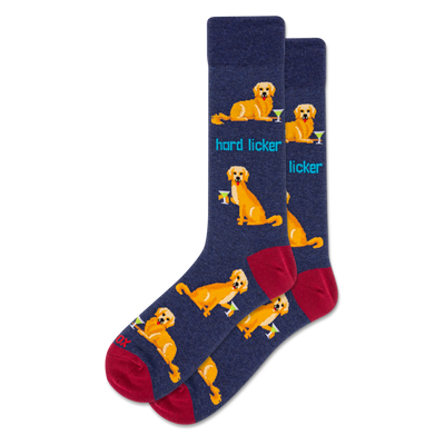 A pair of navy crew socks with a repeating pattern of golden retrievers and green martini glasses. Reddish-brown toes and heels. "Hard Licker" text.