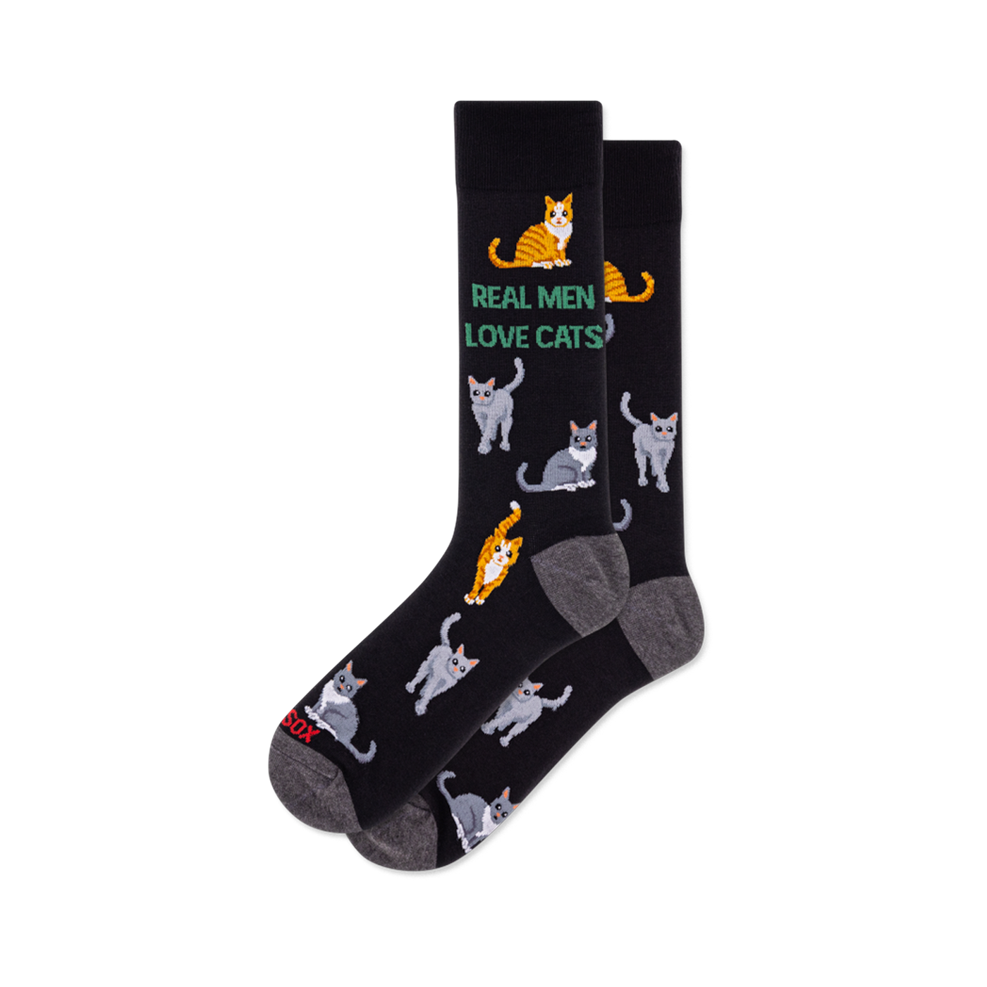 Pair of black crew socks with grey heel and toe. Features green text 'REAL MEN LOVE CATS' and an all-over pattern of grey and orange tabby cats.