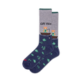 Crew socks with heather grey top, dark green cuff, and navy blue bottom. Design shows "CAT FISH" text, cats fishing from boats, and a pattern of green fish.