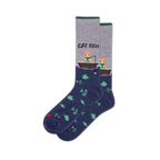 Crew socks with heather grey top, dark green cuff, and navy blue bottom. Design shows "CAT FISH" text, cats fishing from boats, and a pattern of green fish.