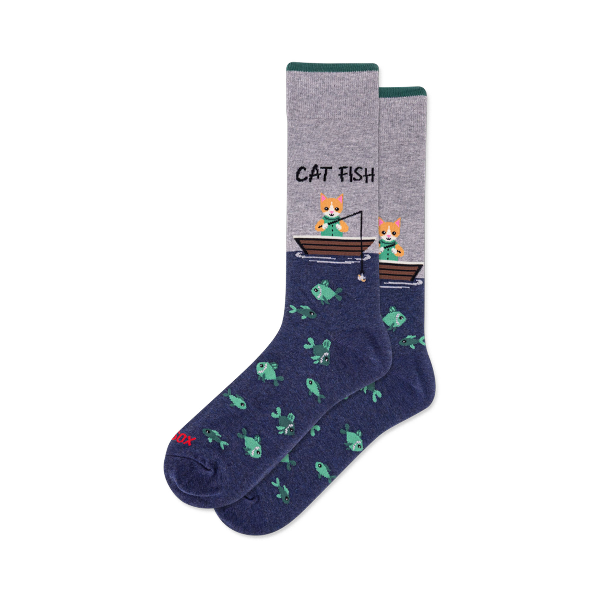 Crew socks with heather grey top, dark green cuff, and navy blue bottom. Design shows "CAT FISH" text, cats fishing from boats, and a pattern of green fish.