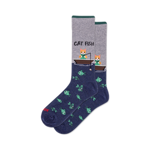 Crew socks with heather grey top, dark green cuff, and navy blue bottom. Design shows 