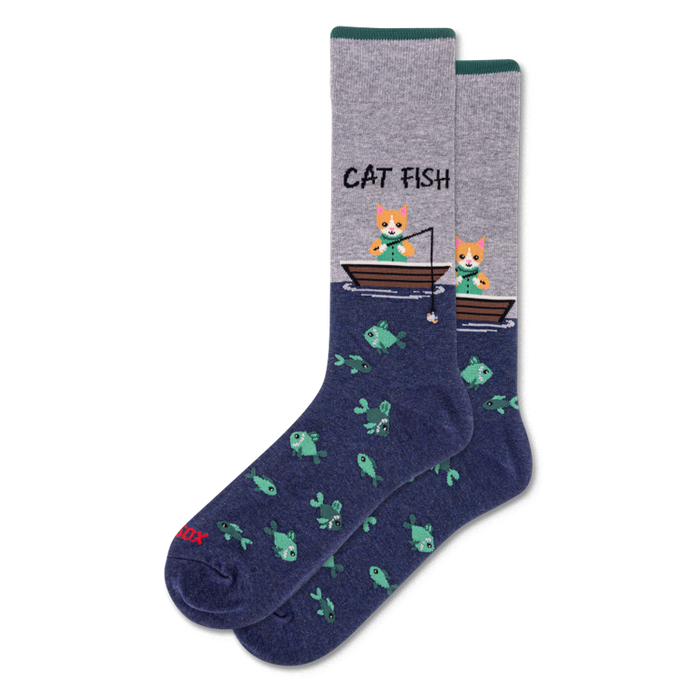 Crew socks with heather grey top, dark green cuff, and navy blue bottom. Design shows 