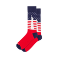 Crew socks featuring a white silhouette of the Statue of Liberty against a backdrop of navy blue with stars and red stripes.
