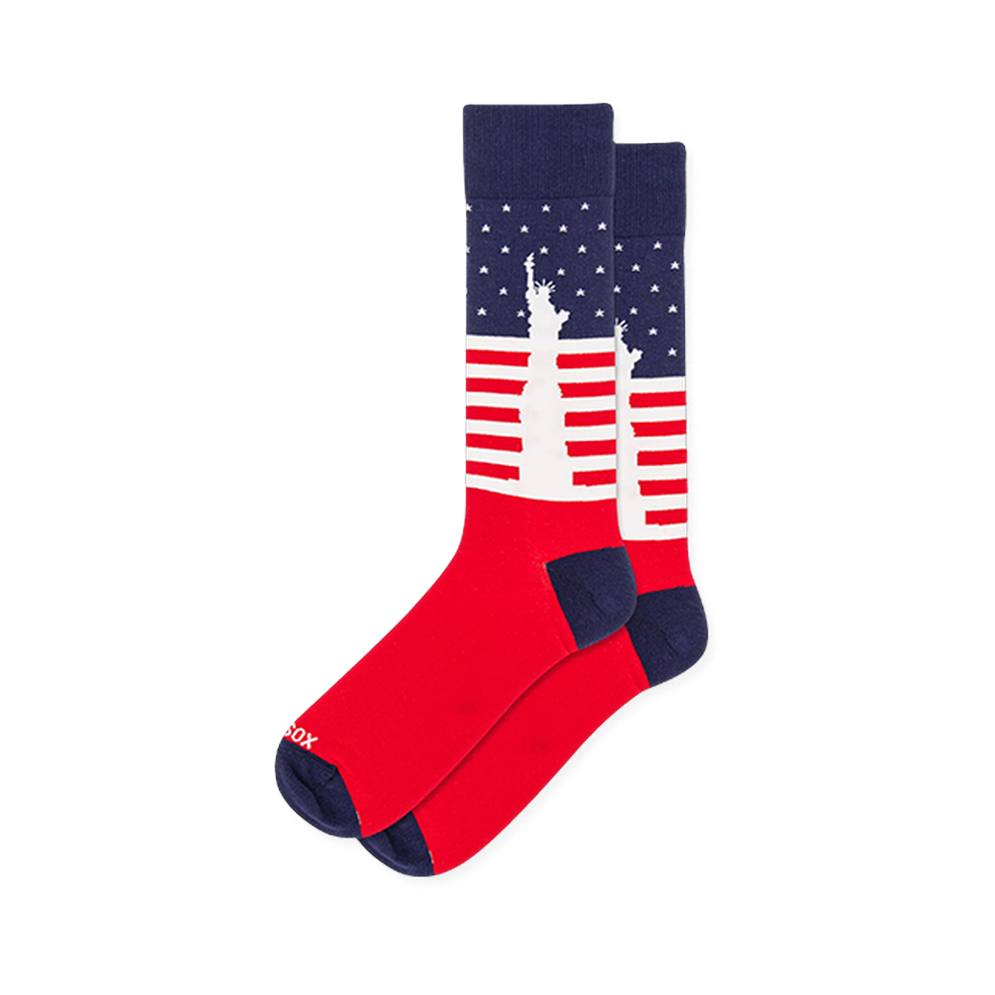Crew socks featuring a white silhouette of the Statue of Liberty against a backdrop of navy blue with stars and red stripes.