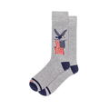 Heather grey crew socks with navy blue heel and toe, featuring a graphic of a bald eagle perched above an American flag.