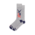 Heather grey crew socks with navy blue heel and toe, featuring a graphic of a bald eagle perched above an American flag.