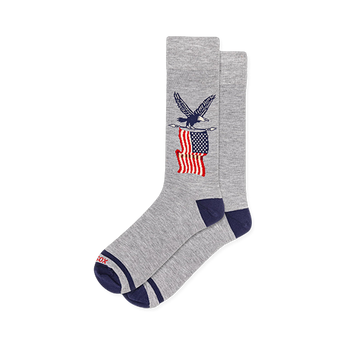 Heather grey crew socks with navy blue heel and toe, featuring a graphic of a bald eagle perched above an American flag.