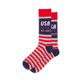 Crew socks with a navy block reading USA ALL DAY over blue stars, red cuffs, and red and heather grey stripes on the foot.
