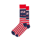 Crew socks with a navy block reading USA ALL DAY over blue stars, red cuffs, and red and heather grey stripes on the foot.