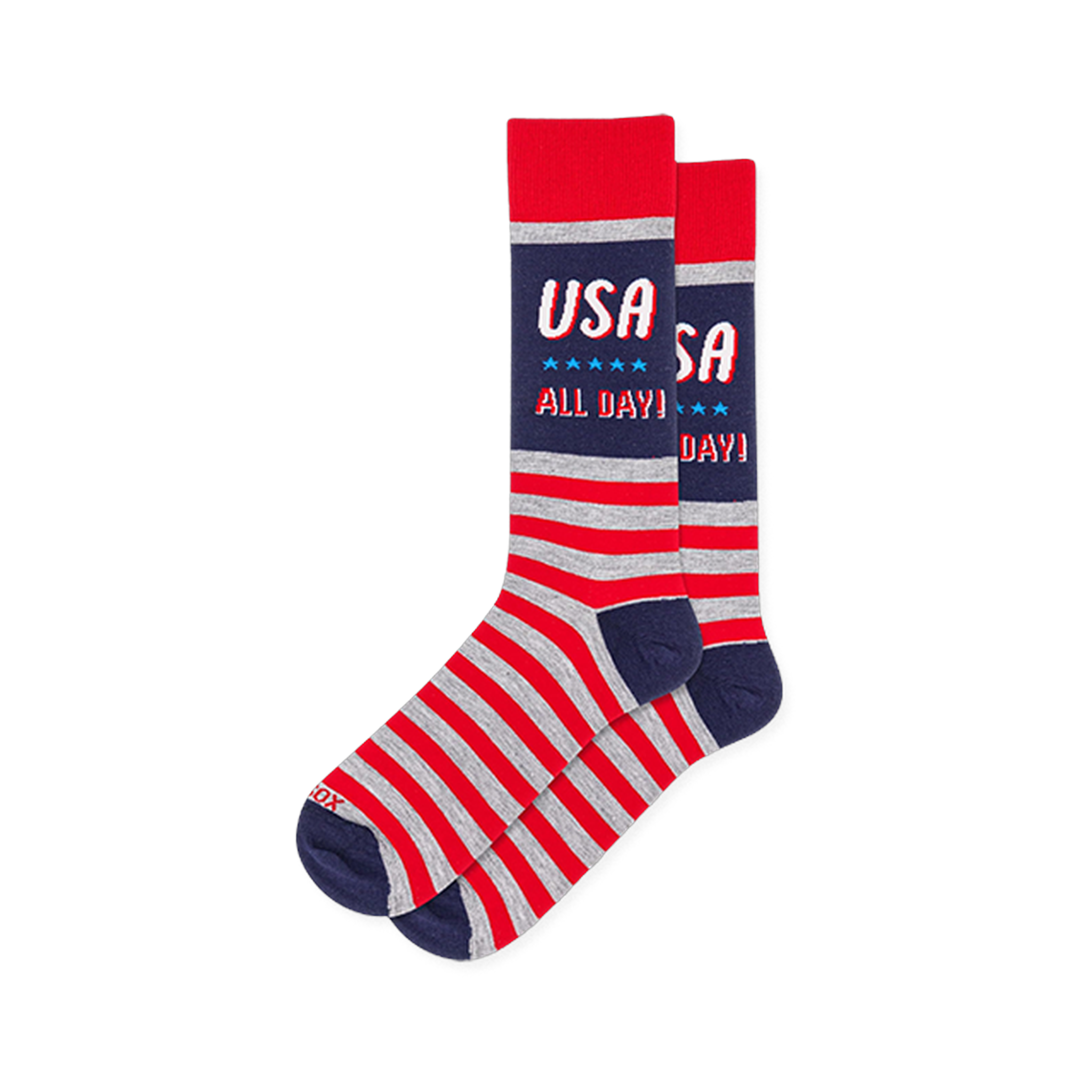 Crew socks with a navy block reading USA ALL DAY over blue stars, red cuffs, and red and heather grey stripes on the foot.