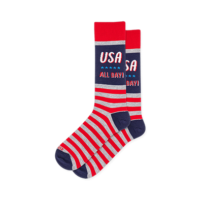 Crew socks with a navy block reading USA ALL DAY over blue stars, red cuffs, and red and heather grey stripes on the foot.
