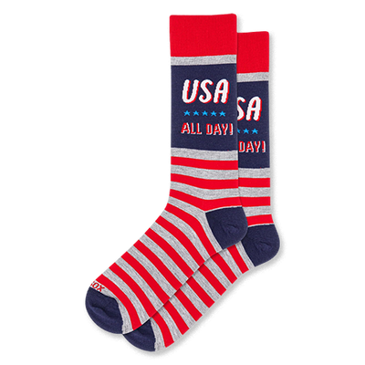 Crew socks with a navy block reading USA ALL DAY over blue stars, red cuffs, and red and heather grey stripes on the foot.