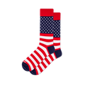 Pair of crew socks with an American flag design: red cuffs, blue field with white stars, and red and white stripes.