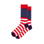 Pair of crew socks with an American flag design: red cuffs, blue field with white stars, and red and white stripes.