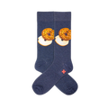Schmear navy blue crew socks with a repeating design of golden bagels and white cream cheese.