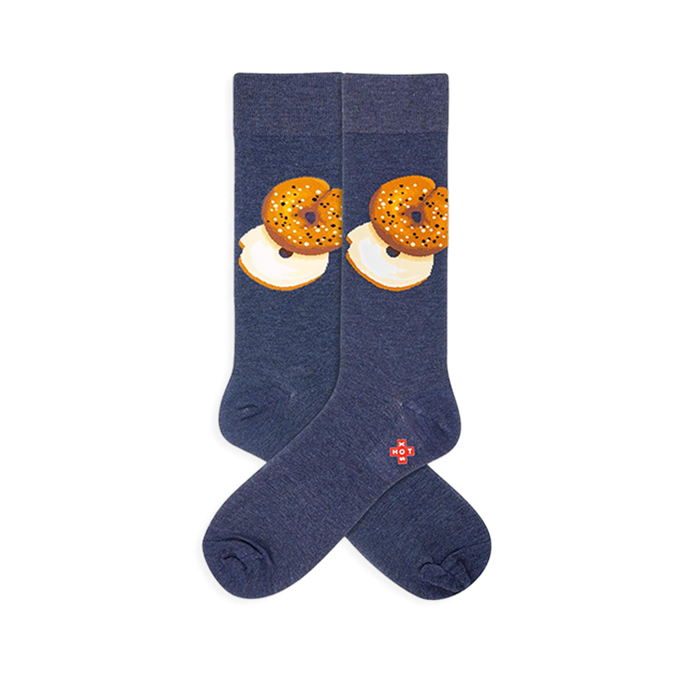 Schmear navy blue crew socks with a repeating design of golden bagels and white cream cheese.