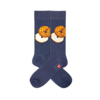 Schmear navy blue crew socks with a repeating design of golden bagels and white cream cheese.