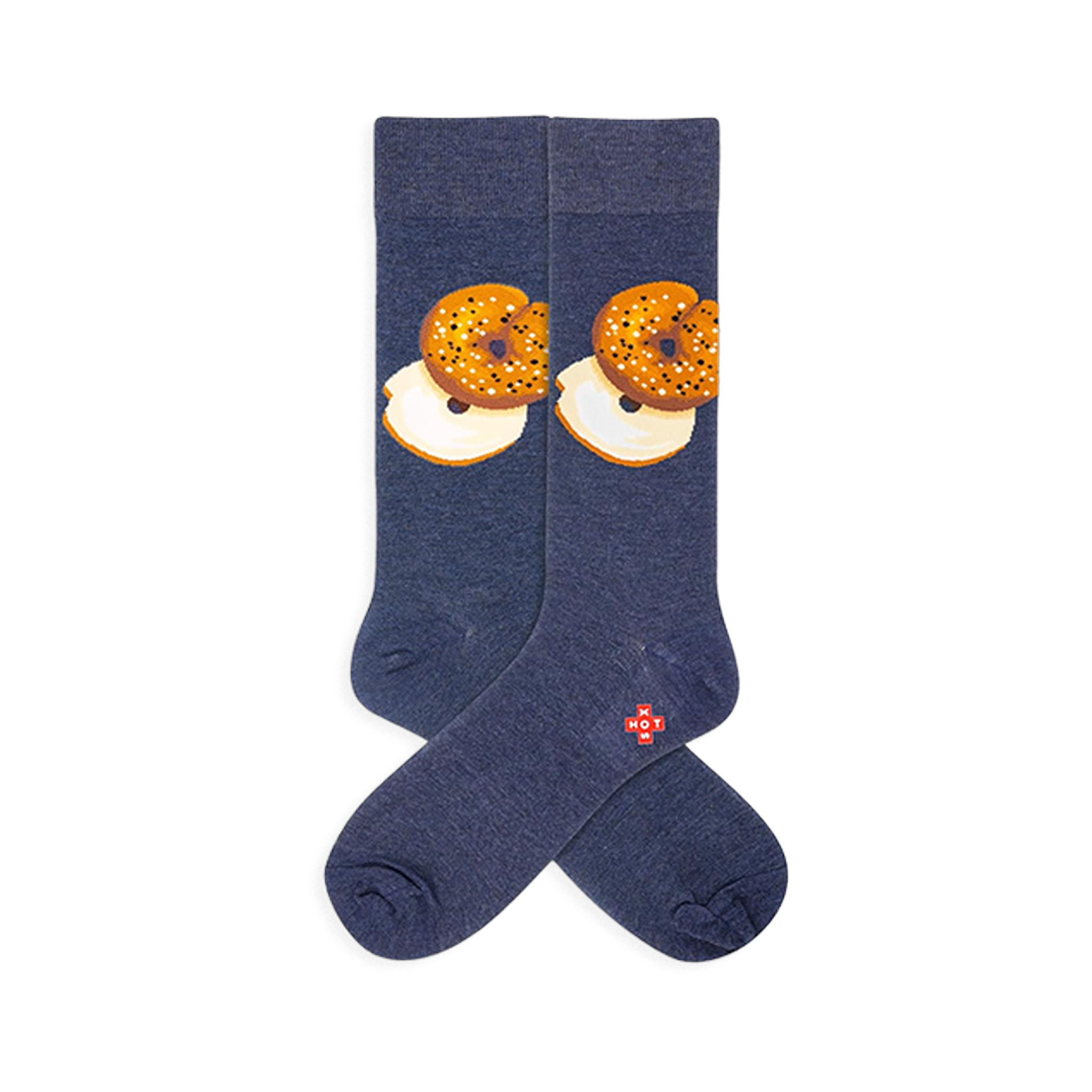Schmear navy blue crew socks with a repeating design of golden bagels and white cream cheese.