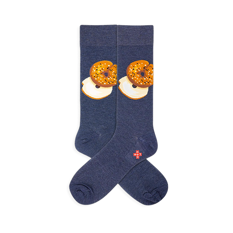 Schmear navy blue crew socks with a repeating design of golden bagels and white cream cheese.