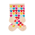 Two cream crew socks with a repeating pattern of colorful, fuzzy hearts in red, yellow, light blue, dark blue, magenta.
