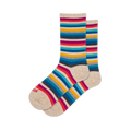 Classic Stripe crew socks: beige base with vibrant horizontal stripes in red, magenta, yellow, blue, and grey.
