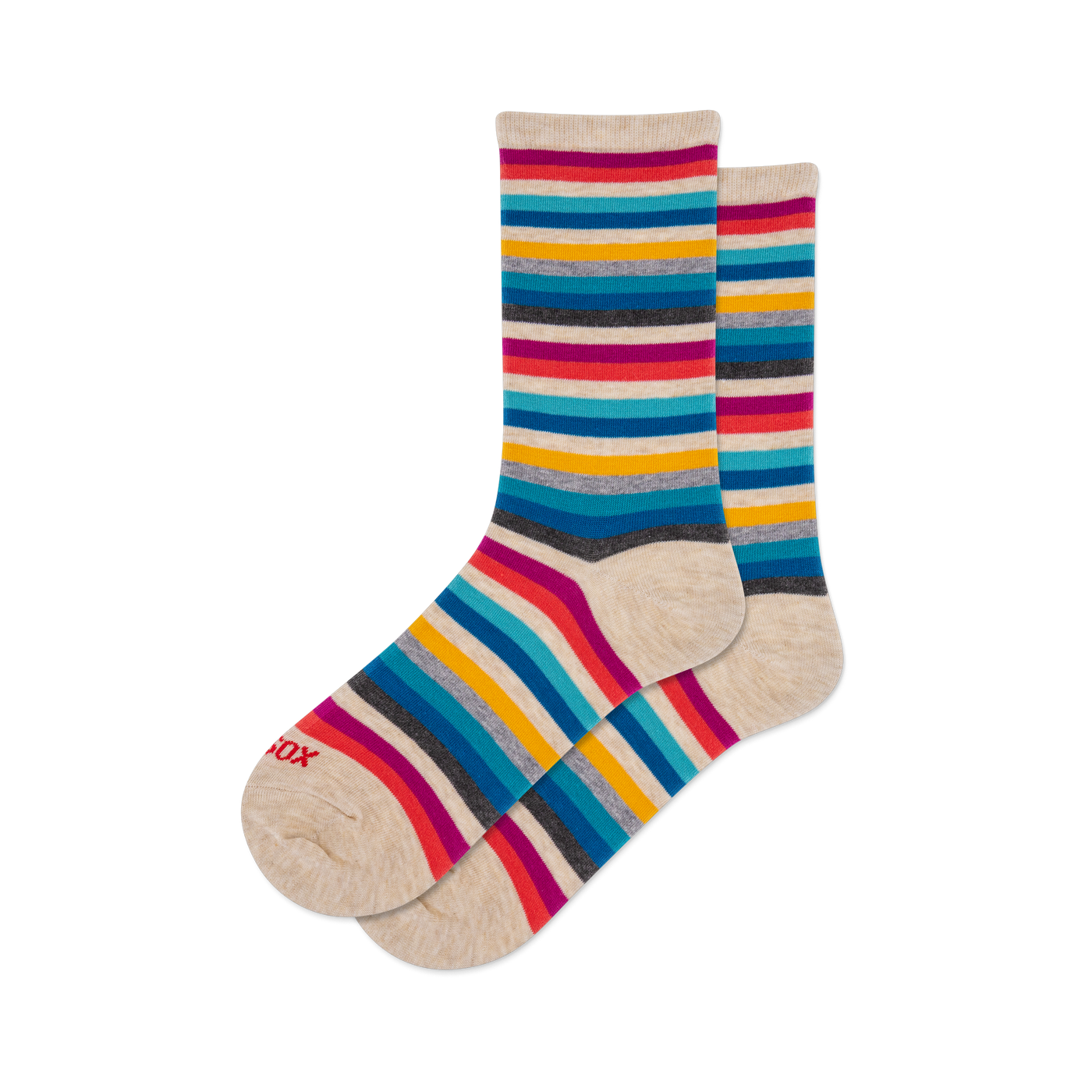 Classic Stripe crew socks: beige base with vibrant horizontal stripes in red, magenta, yellow, blue, and grey.