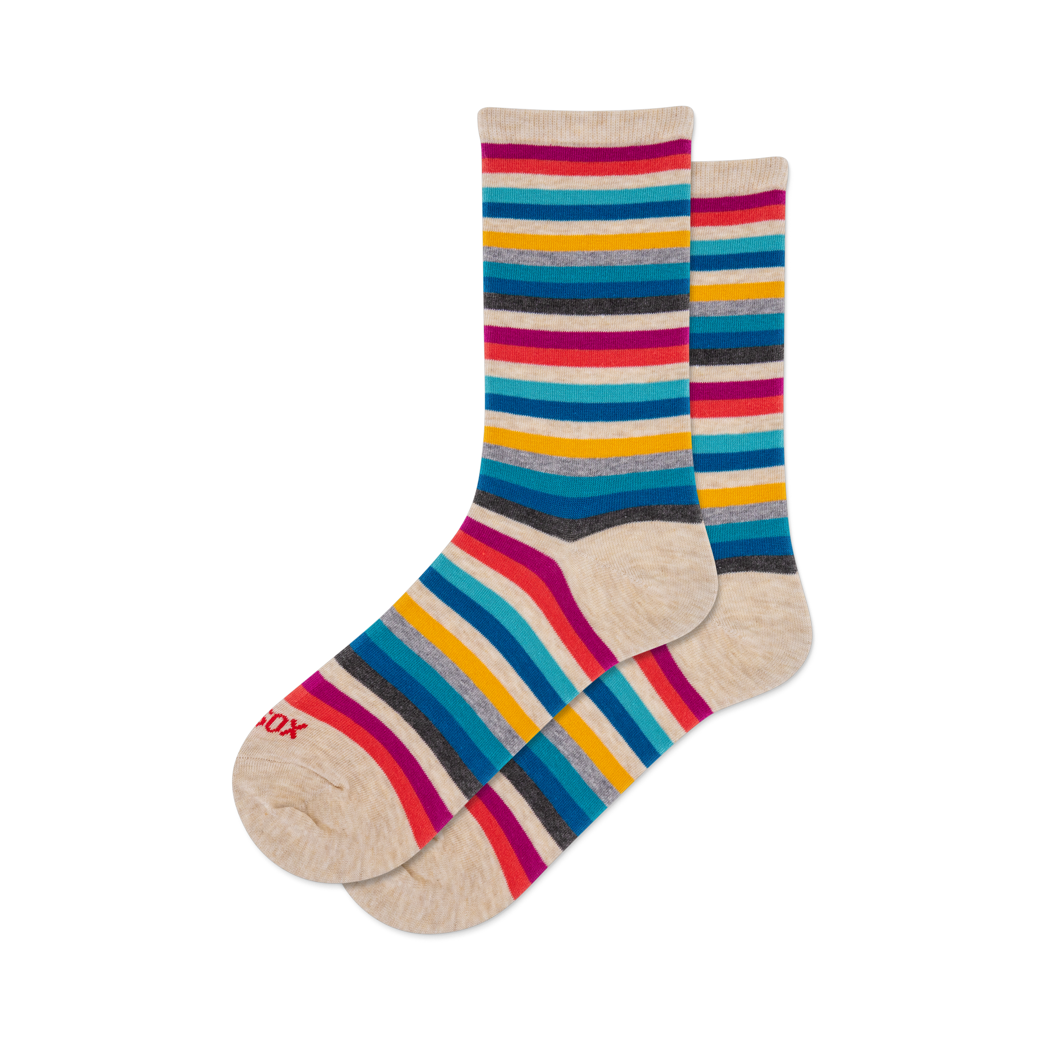 Classic Stripe crew socks: beige base with vibrant horizontal stripes in red, magenta, yellow, blue, and grey.