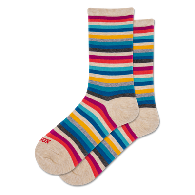 Pair of crew socks with horizontal stripes in magenta, yellow, red, blue, and dark gray on a light beige background.