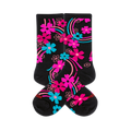 Pair of black crew socks with a vibrant rainbow floral pattern. Features hot pink, aqua, and outlined pink flowers and swirling lines.