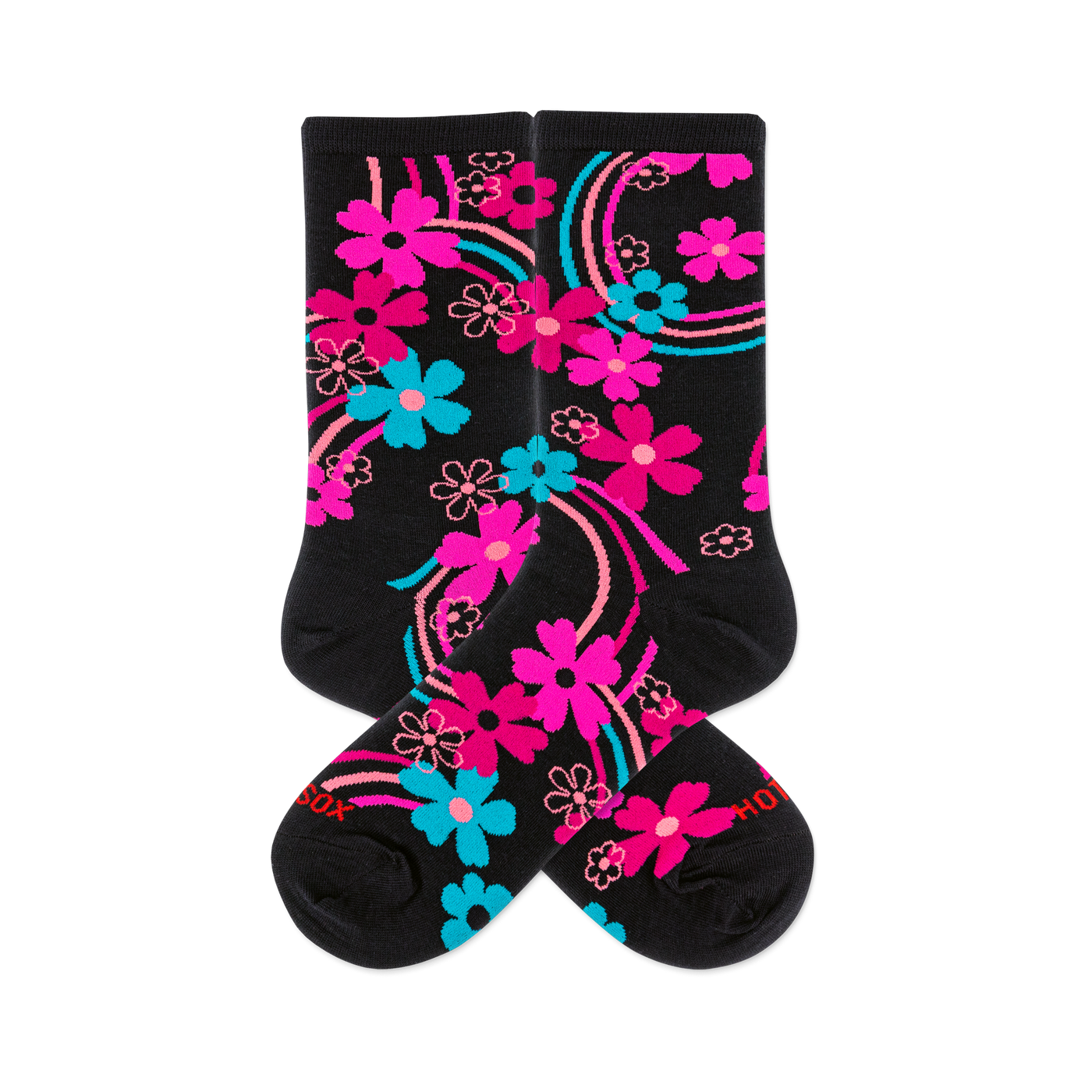 Pair of black crew socks with a vibrant rainbow floral pattern. Features hot pink, aqua, and outlined pink flowers and swirling lines.