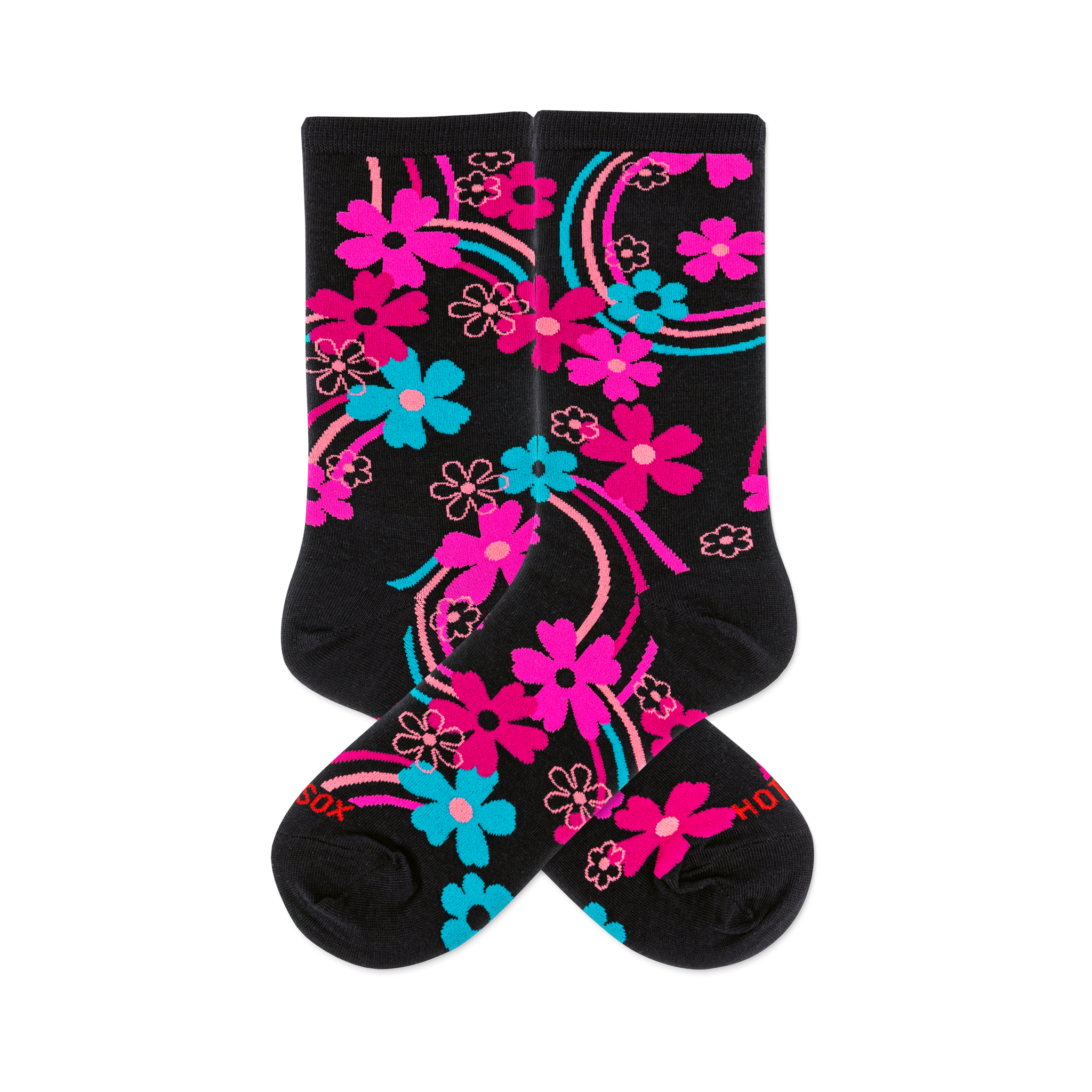 Pair of black crew socks with a vibrant rainbow floral pattern. Features hot pink, aqua, and outlined pink flowers and swirling lines.