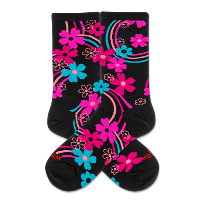 Pair of black crew socks with a vibrant rainbow floral pattern. Features hot pink, aqua, and outlined pink flowers and swirling lines.