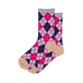 Pair of crew socks featuring a vibrant argyle pattern in navy blue, hot pink, light grey, and orange-red, with tan toes and heels.