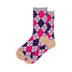 Pair of crew socks featuring a vibrant argyle pattern in navy blue, hot pink, light grey, and orange-red, with tan toes and heels.