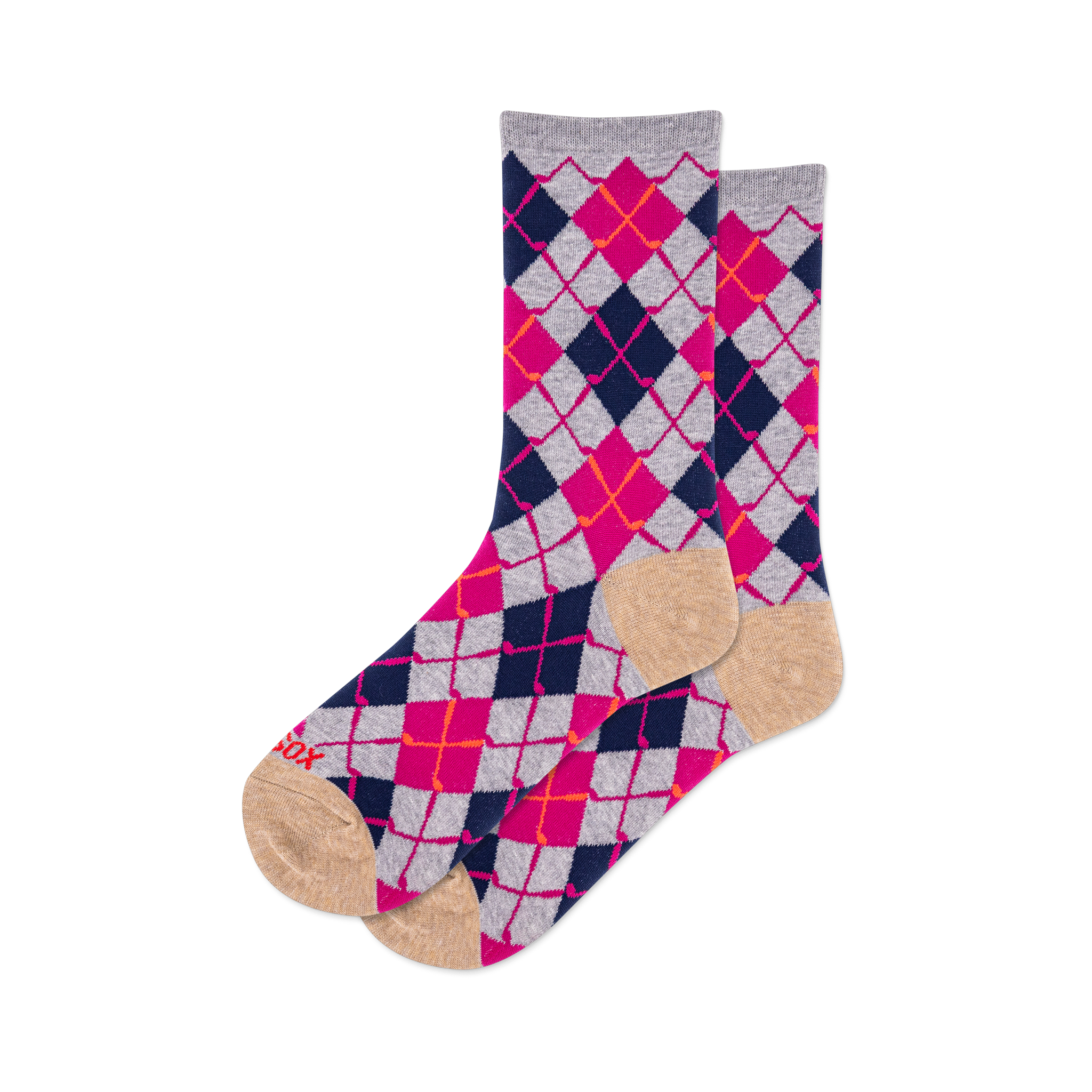 Pair of crew socks featuring a vibrant argyle pattern in navy blue, hot pink, light grey, and orange-red, with tan toes and heels.