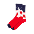 Patriotic crew socks featuring a white Statue of Liberty silhouette over a bold background of stars and stripes.