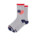 Grey crew socks featuring a heart shaped American flag pattern with stars and stripes, red cuffs, and solid navy toes.